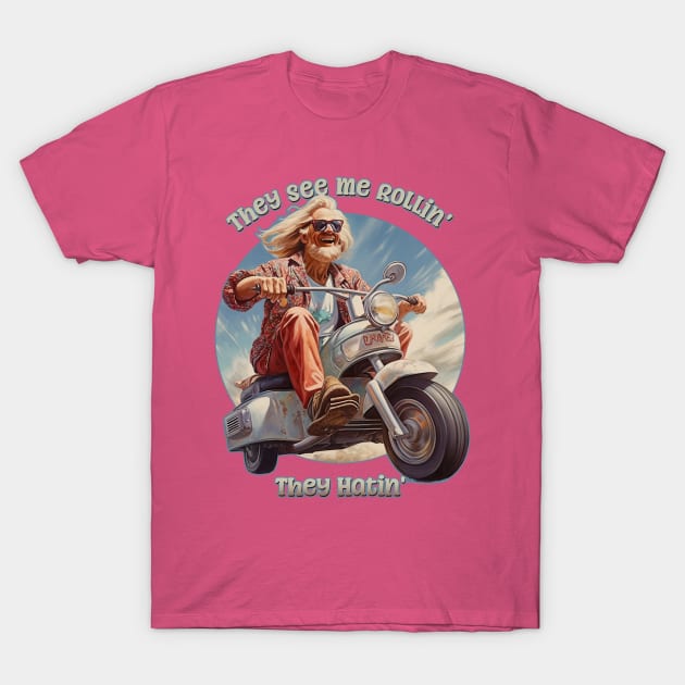 "They See Me Rollin', They Hatin' Funny Retro Hippy on a Scooter T-Shirt by DanielLiamGill